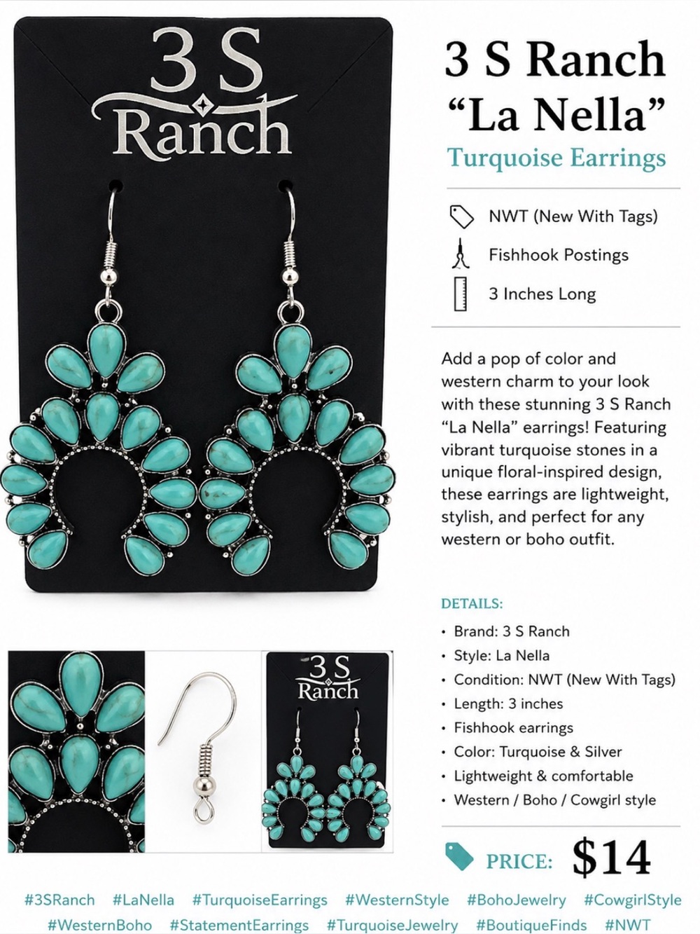 3S Ranch “La Nella” Turquoise Teardrop Cluster Earrings NWT